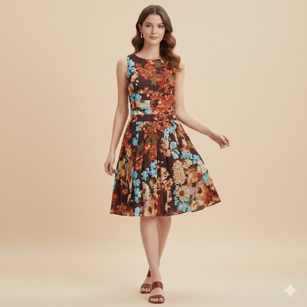 Kay Unger Women's Floral Brown Silk Wool Blend 2 Pleated Midi A-Line Dress GUC